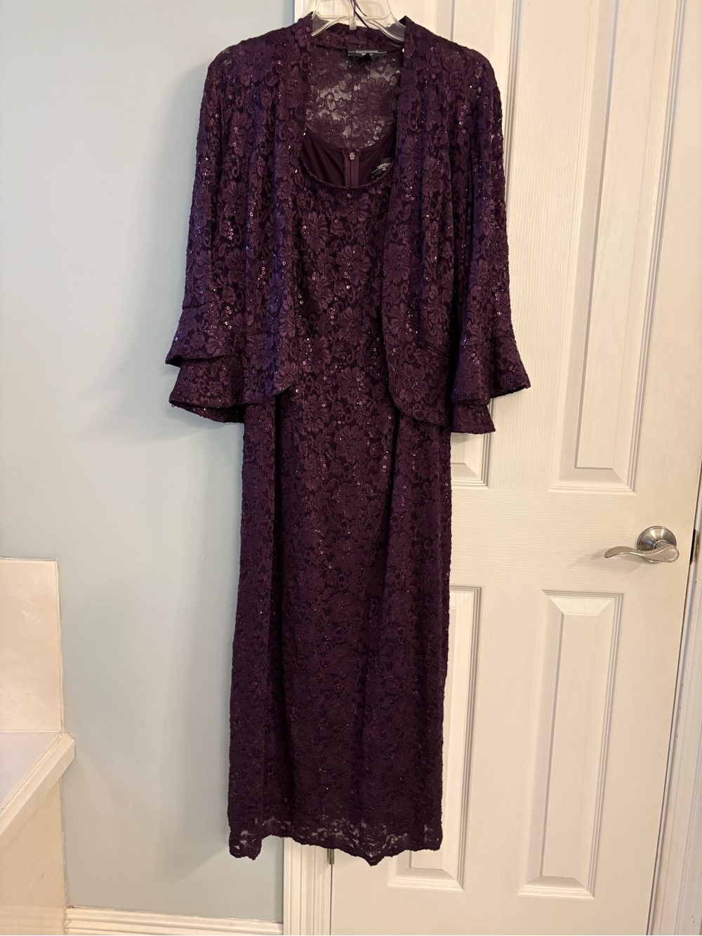 R&M Richards Plum Lace Sequin Evening Dress
